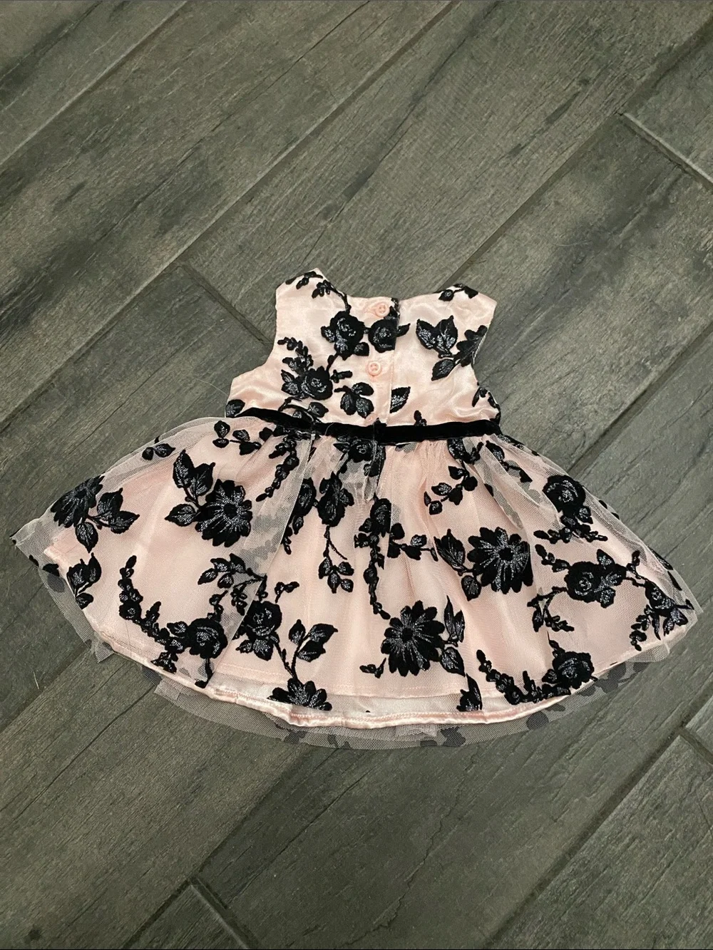 Girls Pink Tulle Dress with Black Floral Embroidery